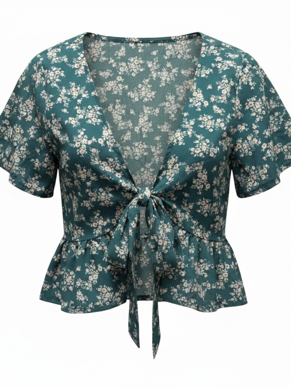ROMWE Dark Teal Floral Tie-Front Peplum Top
Size: Large